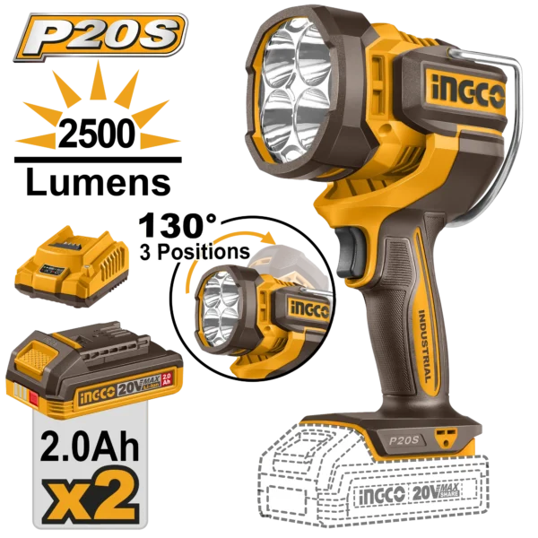 LINTERNA DE TRABAJO INALAMBRICA 2500LM 20V + 2 BAT 2.0AH + CARG