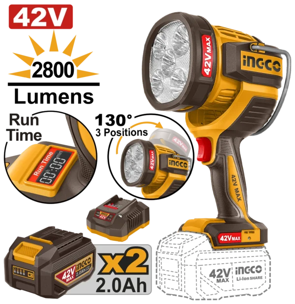 LINTERNA DE TRABAJO INALAMBRICA 2800LM 42V + 2 BAT 2.0AH + CARG
