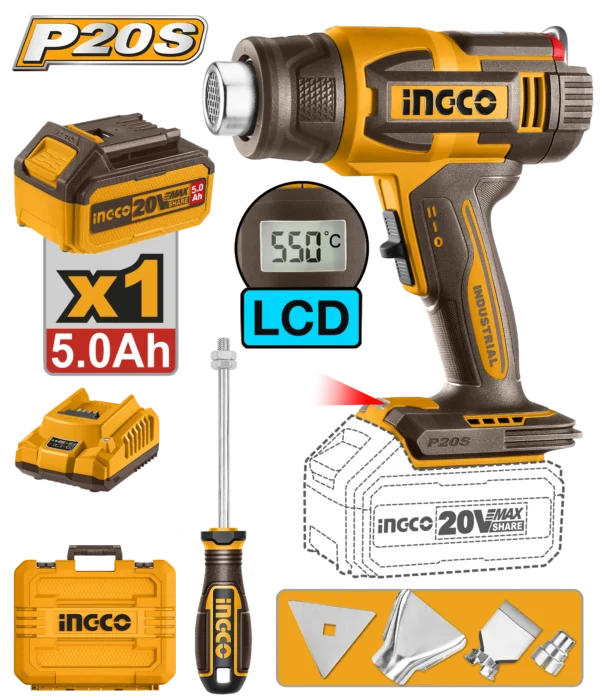 PISTOLA DE CALOR INALAMBRICA 30/550°C 20V + 1 BAT 5.0AH + CARG + MALETA