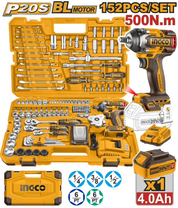 JUEGO DE HERRAMIENTAS 152 PIEZAs CON LLAVE DE IMPACTO 500N.M