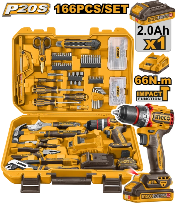 JUEGO DE HERRAMIENTAS 166 PIEZAS CON TALADRO DE IMPACTO 66N.M