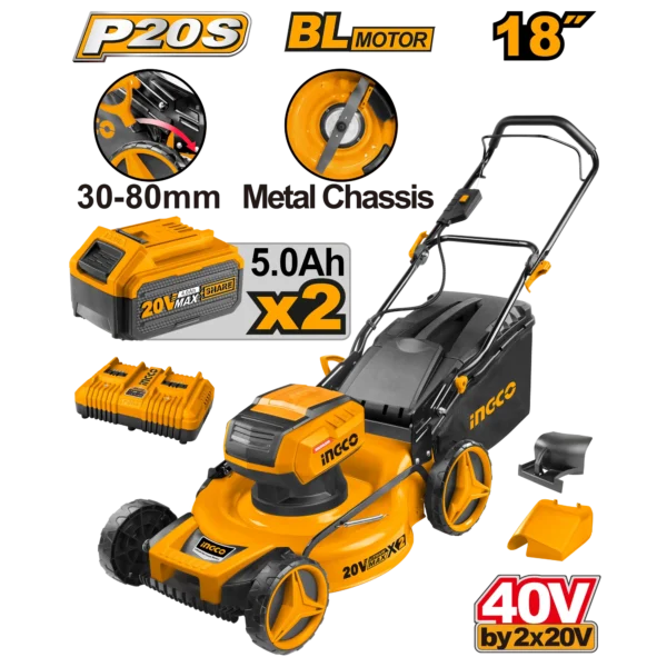 PODADORA DE CESPED DE IONES DE LITIO BL 40V 2800RPM + 2 BAT 5.0AH + CARG DOBLE