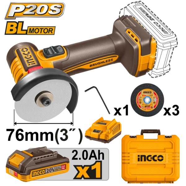 MINI AMOLADORA ANGULAR 3" BL 20V + 1 BAT 2.0AH + CARG + MALETA INGCO