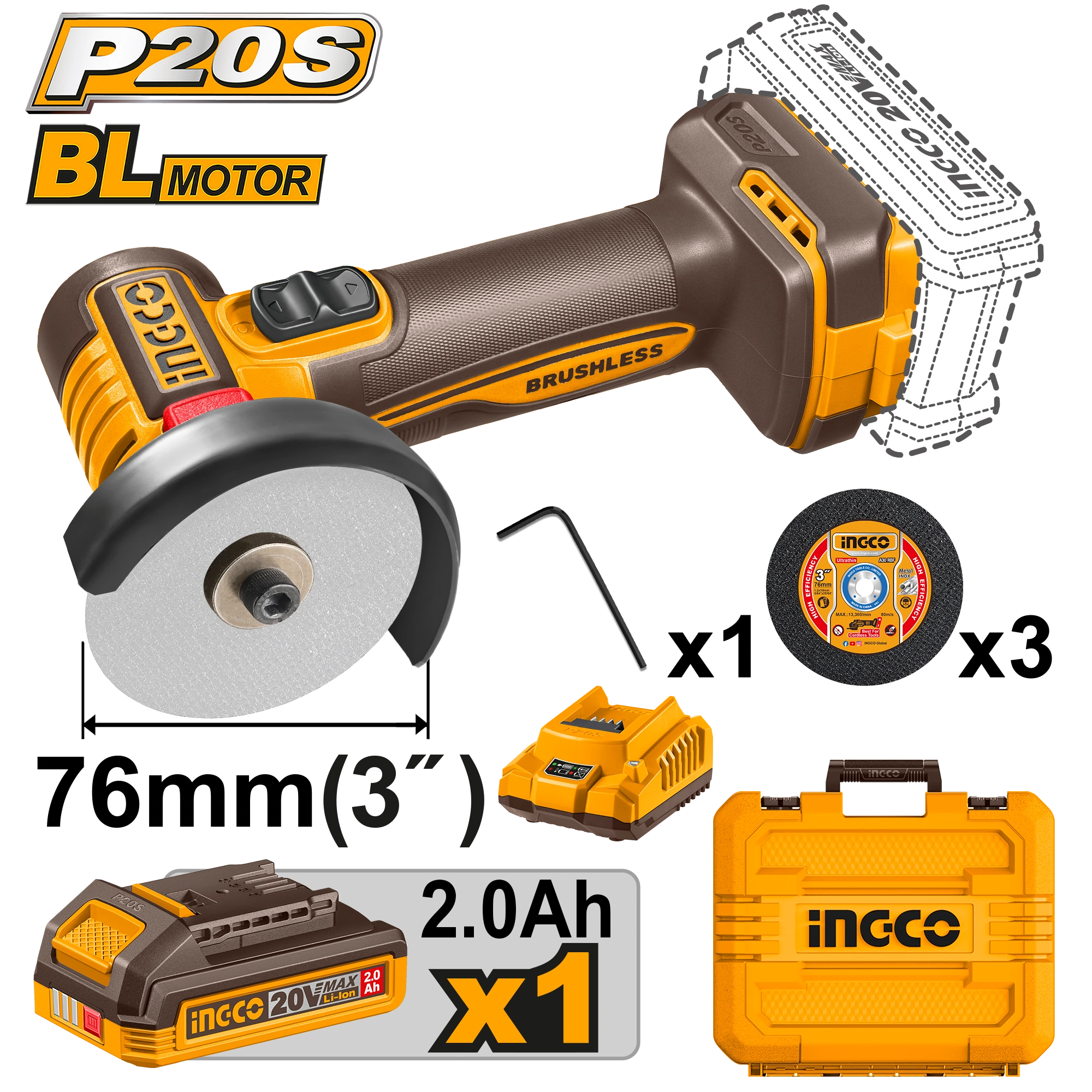 MINI AMOLADORA ANGULAR 3" BL 20V + 1 BAT 2.0AH + CARG + MALETA INGCO