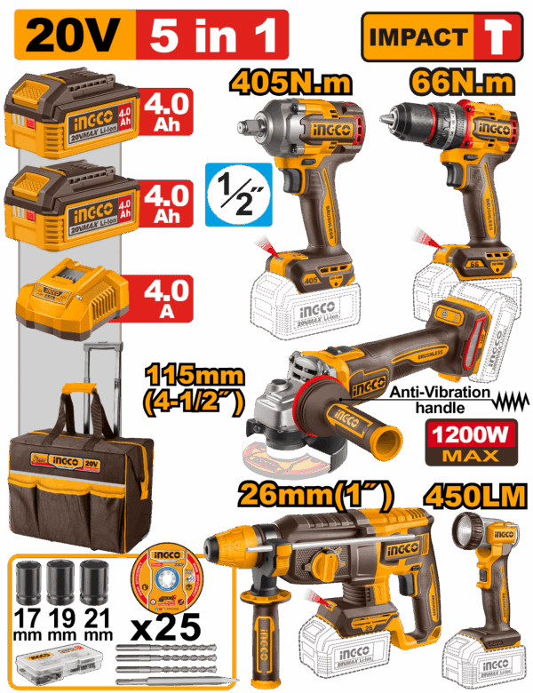 JUEGO COMBINADO DE 5 PIEZAS TALADRO INALAMBRICO 1/2" 66N.M + LLAVE DE IMPACTO 1/2" + ROTOMARTILLO 2.5J + AMOLADORA ANGULAR 4 1/2" + LAMPARA + 2 BAT 4.0AH + CARG + MALETA INGCO